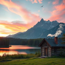 A picturesque landscape featuring a majestic mountain range at sunrise, with vivid orange and pink hues illuminating the sky