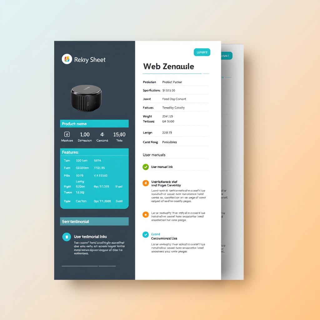 Customized technical sheet for a product, featuring a modern design with a clean layout