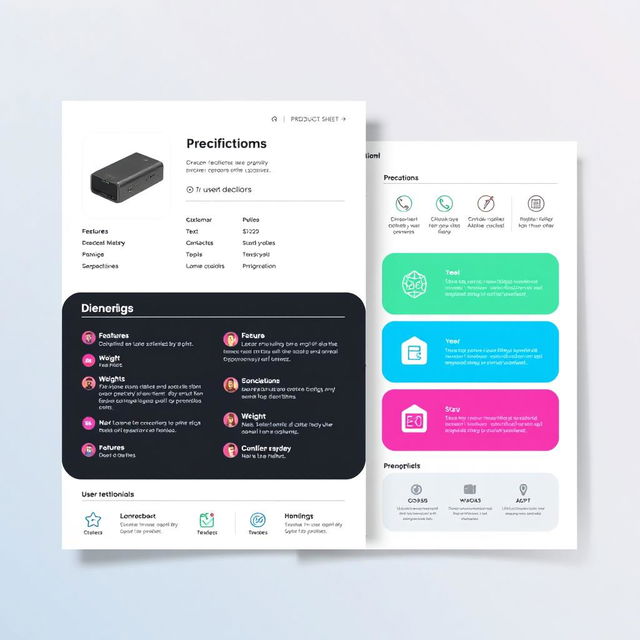 Customized technical sheet for a product, featuring a modern design with a clean layout