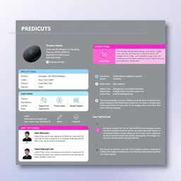 Customized technical sheet for a product, featuring a modern design with a clean layout