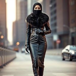 A woman wearing a black leather tight-fitting coat with a fur collar, paired with a hijab and full-face niqab