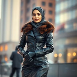 A woman wearing a black leather tight-fitting coat with a fur collar, paired with a hijab and full-face niqab
