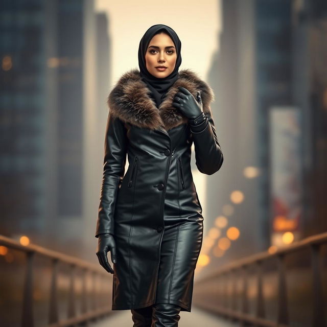 A woman wearing a black leather tight-fitting coat with a fur collar, paired with a hijab and full-face niqab