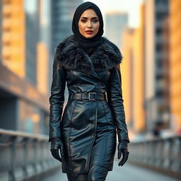 A woman wearing a black leather tight-fitting coat with a fur collar, paired with a hijab and full-face niqab