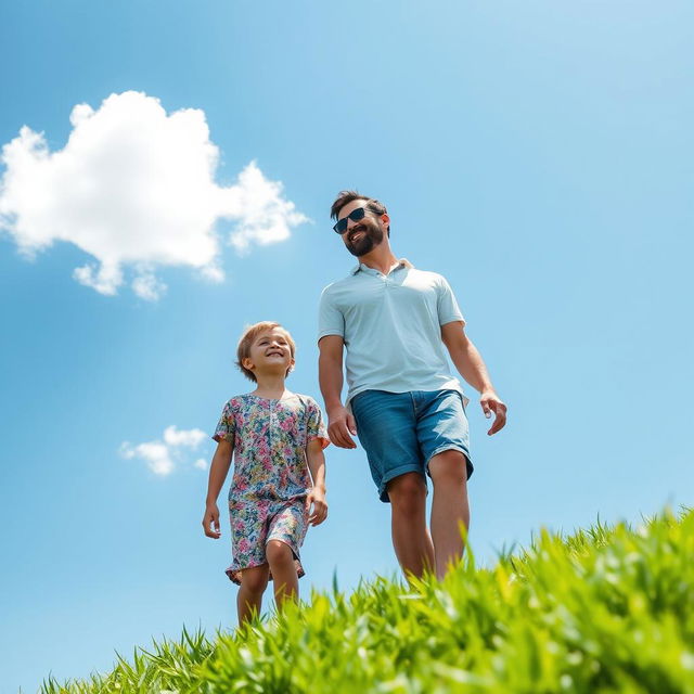 A man walking over a lush green grass field accompanied by a young boy, under a brilliant blue sky with a few fluffy white clouds