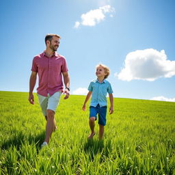 A man walking over a lush green grass field accompanied by a young boy, under a brilliant blue sky with a few fluffy white clouds