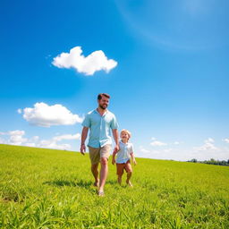 A man walking over a lush green grass field accompanied by a young boy, under a brilliant blue sky with a few fluffy white clouds