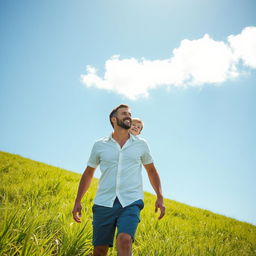 A man walking over a lush green grass field accompanied by a young boy, under a brilliant blue sky with a few fluffy white clouds