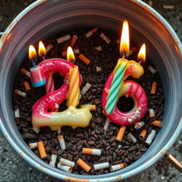A whimsical scene featuring burned birthday candles arranged in the shape of the number 26