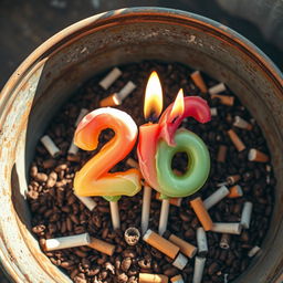 A whimsical scene featuring burned birthday candles arranged in the shape of the number 26