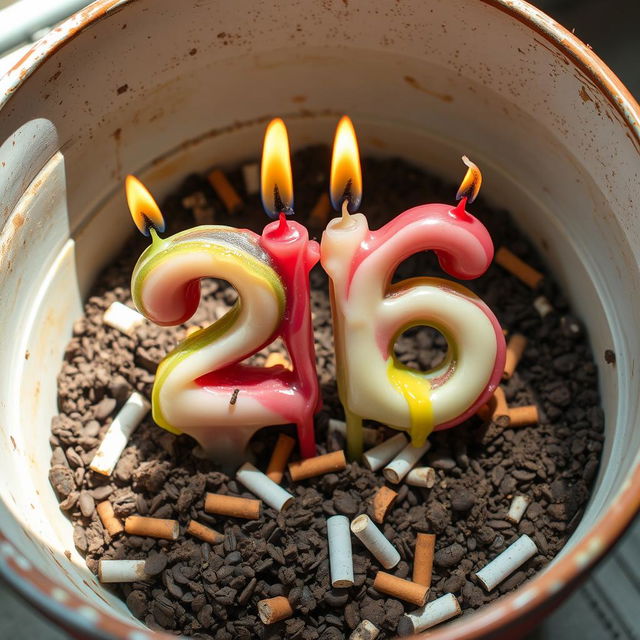 A whimsical scene featuring burned birthday candles arranged in the shape of the number 26