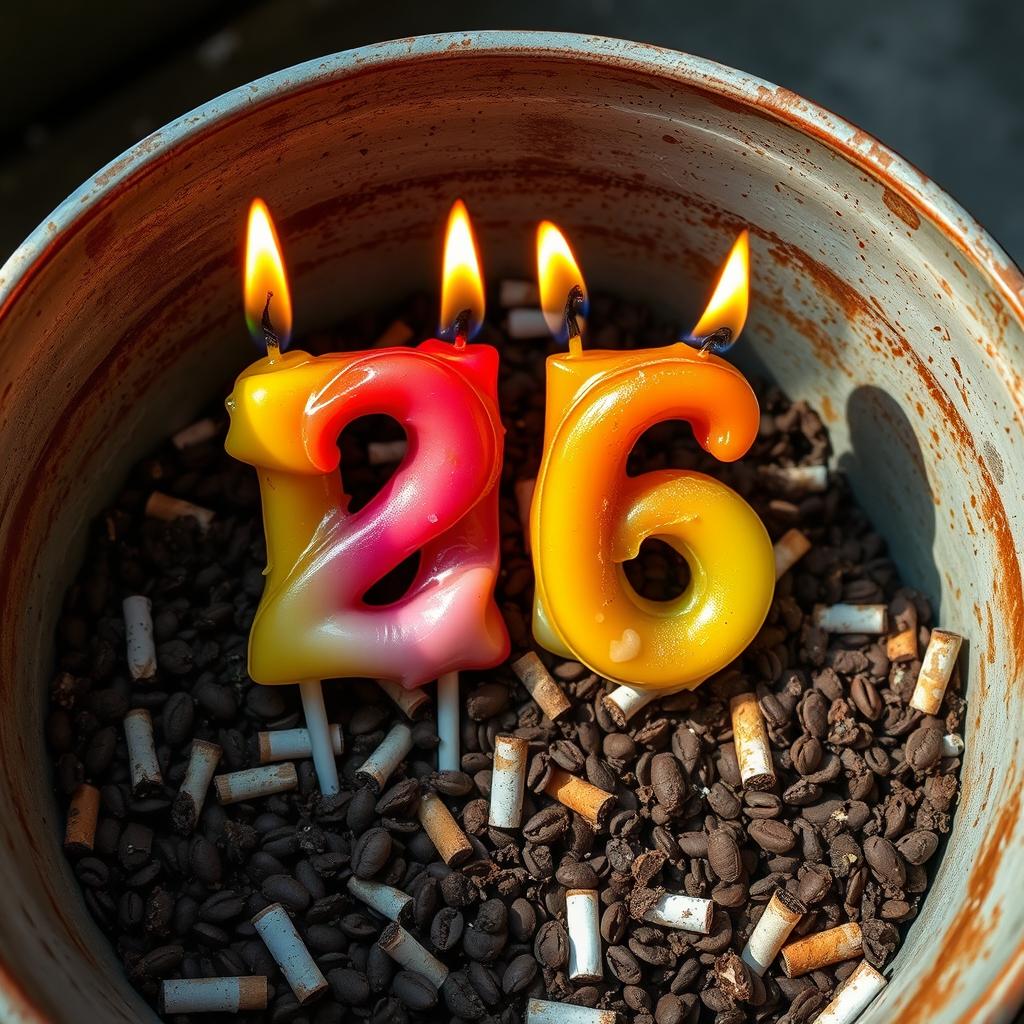 A whimsical scene featuring burned birthday candles arranged in the shape of the number 26