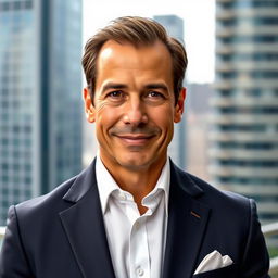 A 49-year-old man wearing a stylish suit, featuring a tailored jacket and neatly pressed trousers