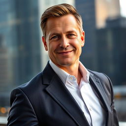 A 49-year-old man wearing a stylish suit, featuring a tailored jacket and neatly pressed trousers