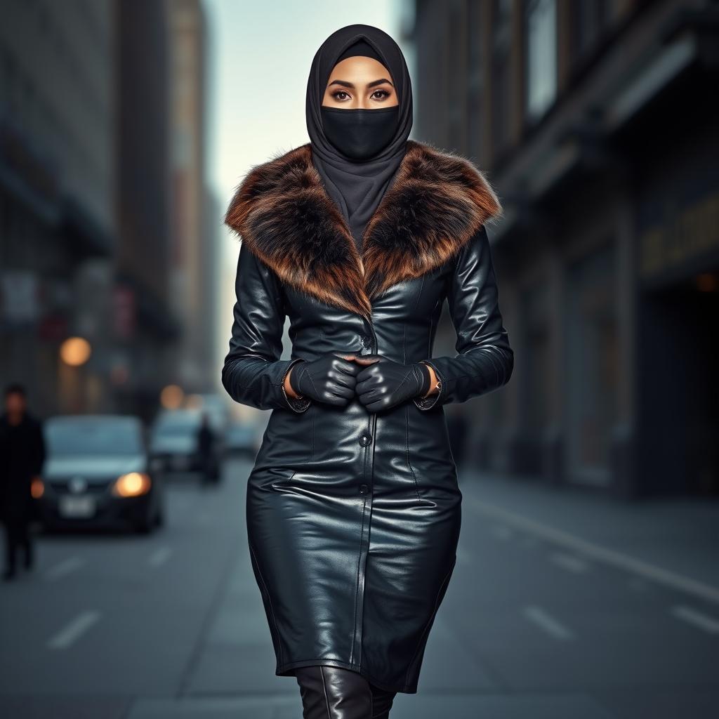 A woman dressed in a shiny black leather tight coat, wearing a hijab and niqab, with a fur collar