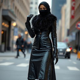 A woman dressed in a shiny black leather tight coat, wearing a hijab and niqab, with a fur collar
