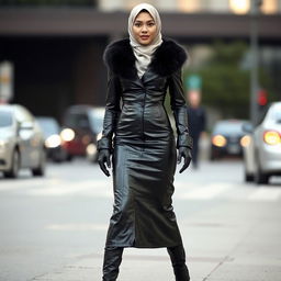 A woman dressed in a shiny black leather tight coat, wearing a hijab and niqab, with a fur collar
