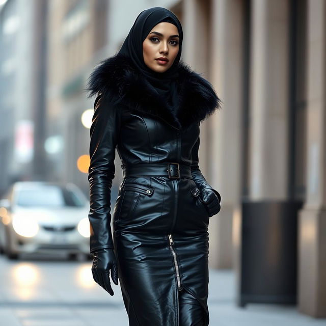 A woman dressed in a shiny black leather tight coat, wearing a hijab and niqab, with a fur collar