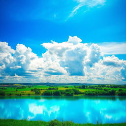 A beautifully enhanced photo featuring a vibrant sky in stunning HDR, showcasing a rich blue hue that transitions to lighter shades, with fluffy white clouds softly scattered throughout