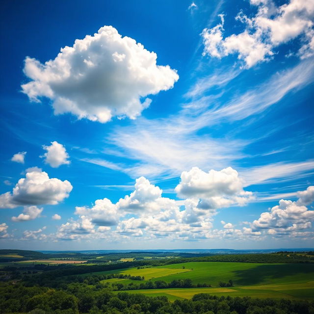 A beautifully enhanced photo featuring a vibrant sky in stunning HDR, showcasing a rich blue hue that transitions to lighter shades, with fluffy white clouds softly scattered throughout