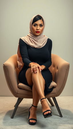 An elegant Latina woman in her 40s, wearing a stylish hijab that beautifully complements her features