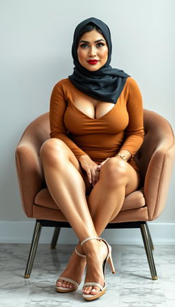 An elegant Latina woman in her 40s, wearing a stylish hijab that beautifully complements her features