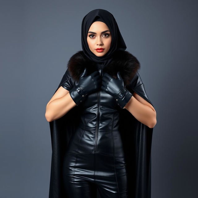 A striking woman wearing a black shiny leather cloak with a tight fit, complete with a hijab and niqab that elegantly frames her face