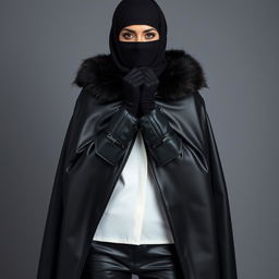 A striking woman wearing a black shiny leather cloak with a tight fit, complete with a hijab and niqab that elegantly frames her face