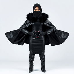 A striking woman wearing a black shiny leather cloak with a tight fit, complete with a hijab and niqab that elegantly frames her face