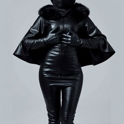 A striking woman wearing a black shiny leather cloak with a tight fit, complete with a hijab and niqab that elegantly frames her face