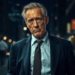 A 45-year-old detective, dressed in a stylish suit, standing in a dimly lit urban setting