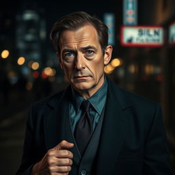 A 45-year-old detective, dressed in a stylish suit, standing in a dimly lit urban setting