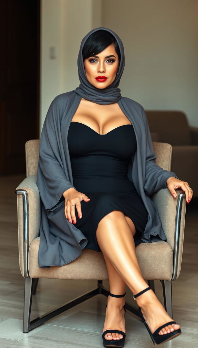 An elegant Latina woman in her 40s, draped in a fashionable hijab that enhances her beauty