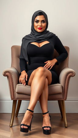 An elegant Latina woman in her 40s, draped in a fashionable hijab that enhances her beauty