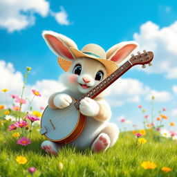 A cute rabbit playing a banjo, sitting comfortably on a grassy meadow