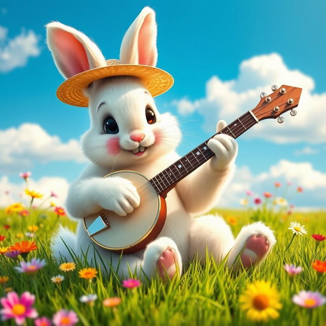 A cute rabbit playing a banjo, sitting comfortably on a grassy meadow