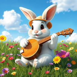 A cute rabbit playing a banjo, sitting comfortably on a grassy meadow