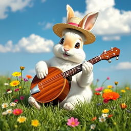 A cute rabbit playing a banjo, sitting comfortably on a grassy meadow