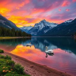 A serene mountain landscape during sunrise, with a vibrant sky painted in hues of orange, pink, and purple