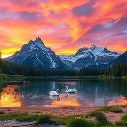 A serene mountain landscape during sunrise, with a vibrant sky painted in hues of orange, pink, and purple