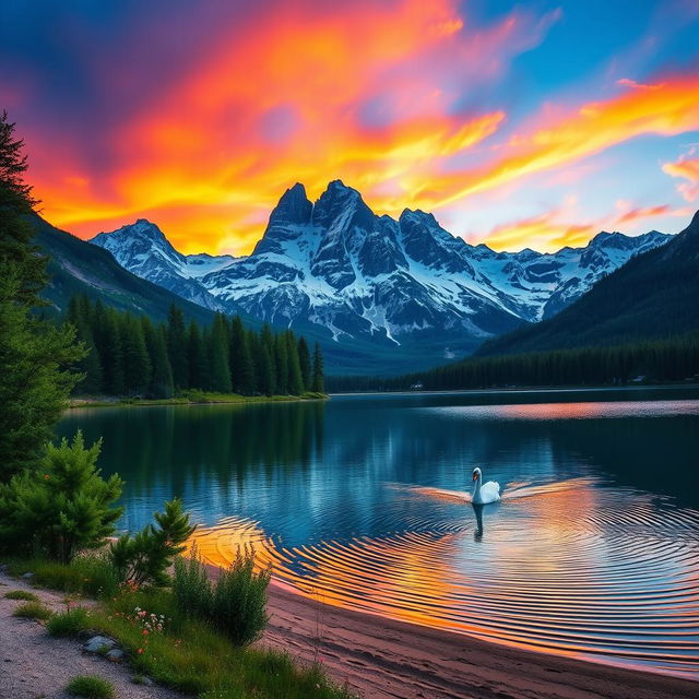 A serene mountain landscape during sunrise, with a vibrant sky painted in hues of orange, pink, and purple