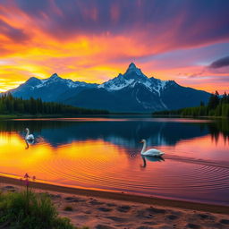 A serene mountain landscape during sunrise, with a vibrant sky painted in hues of orange, pink, and purple