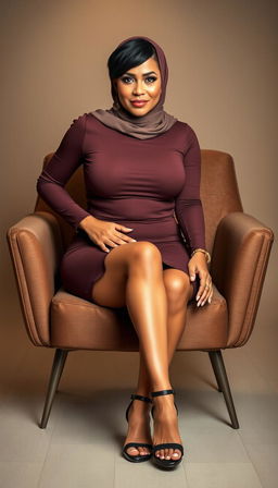 A confident and stylish Latina woman in her 40s, embracing her beauty in a fashionable hijab