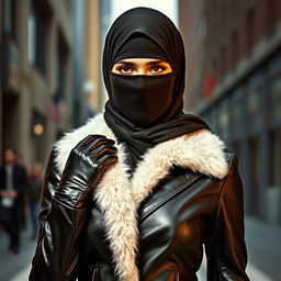 A woman wearing a niqab and hijab, with only her eyes visible, is dressed in shiny black leather gloves and a sleek, form-fitting leather jacket