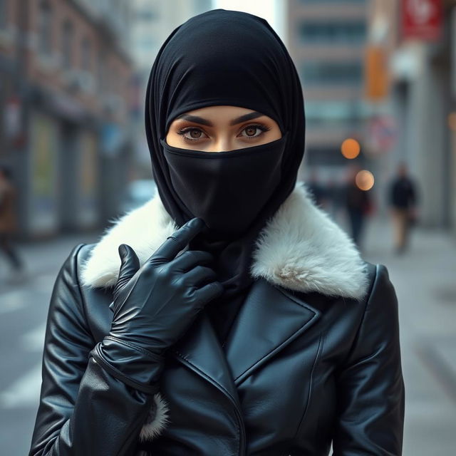 A woman wearing a niqab and hijab, with only her eyes visible, is dressed in shiny black leather gloves and a sleek, form-fitting leather jacket