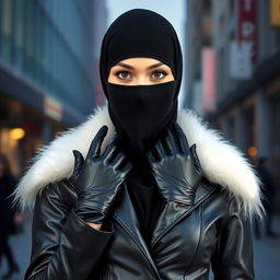 A woman wearing a niqab and hijab, with only her eyes visible, is dressed in shiny black leather gloves and a sleek, form-fitting leather jacket