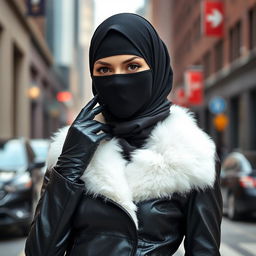 A woman wearing a niqab and hijab, with only her eyes visible, is dressed in shiny black leather gloves and a sleek, form-fitting leather jacket