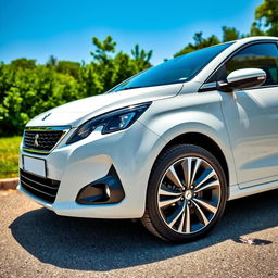 A beautiful white Peugeot Pars car parked outdoors, showcasing its sleek design and shiny exterior