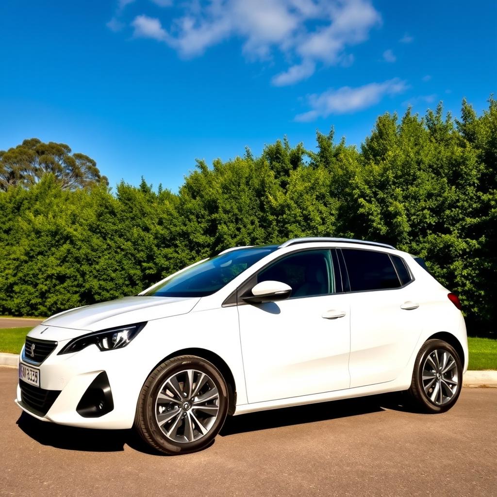 A beautiful white Peugeot Pars car parked outdoors, showcasing its sleek design and shiny exterior
