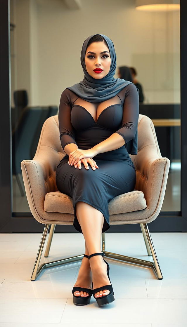 A confident and stylish Latina woman in her 40s, elegantly dressed in a trendy hijab